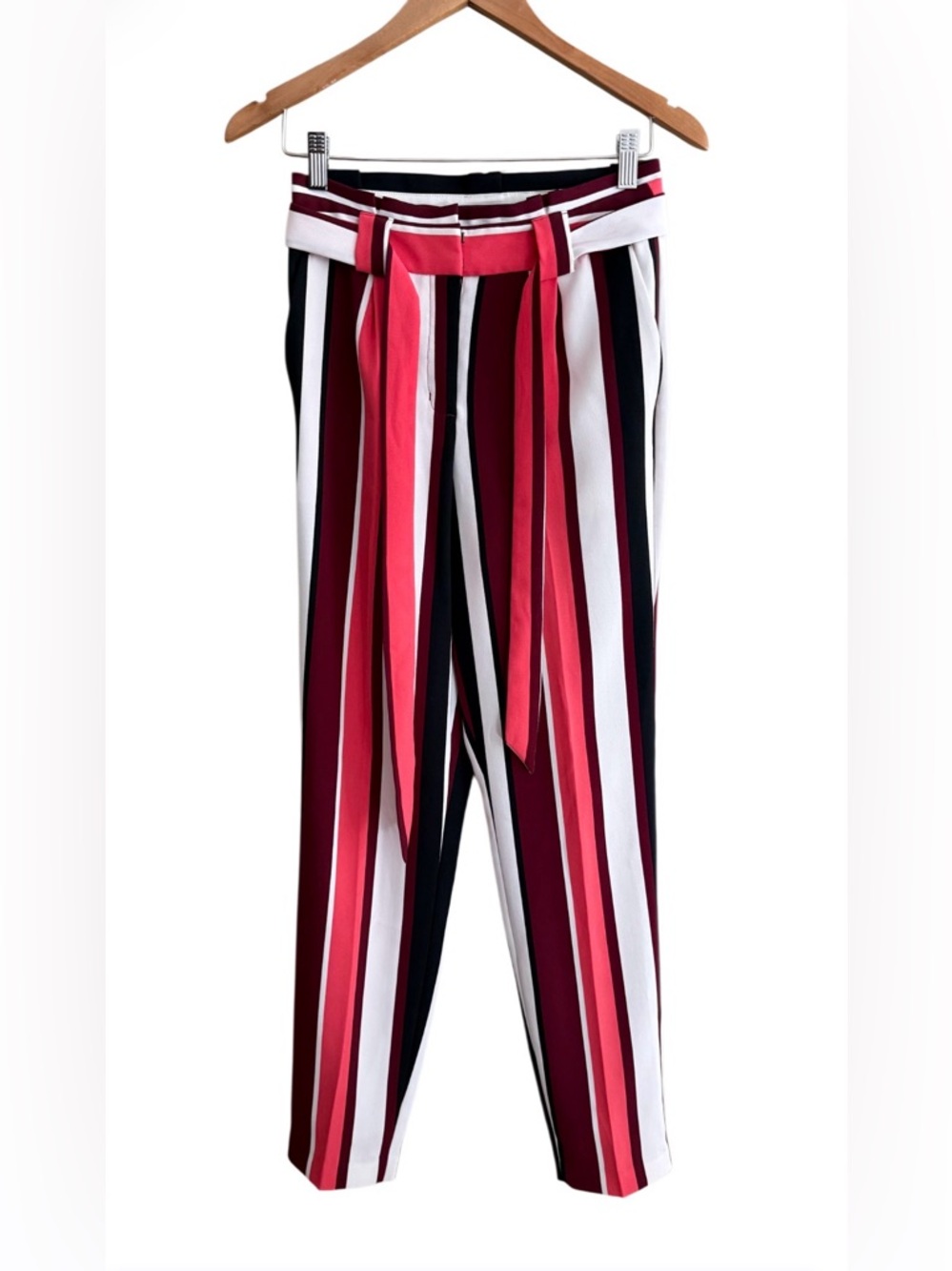 Express Vertical Striped Tie-Waist Trousers in Pink, Red, Black & White
